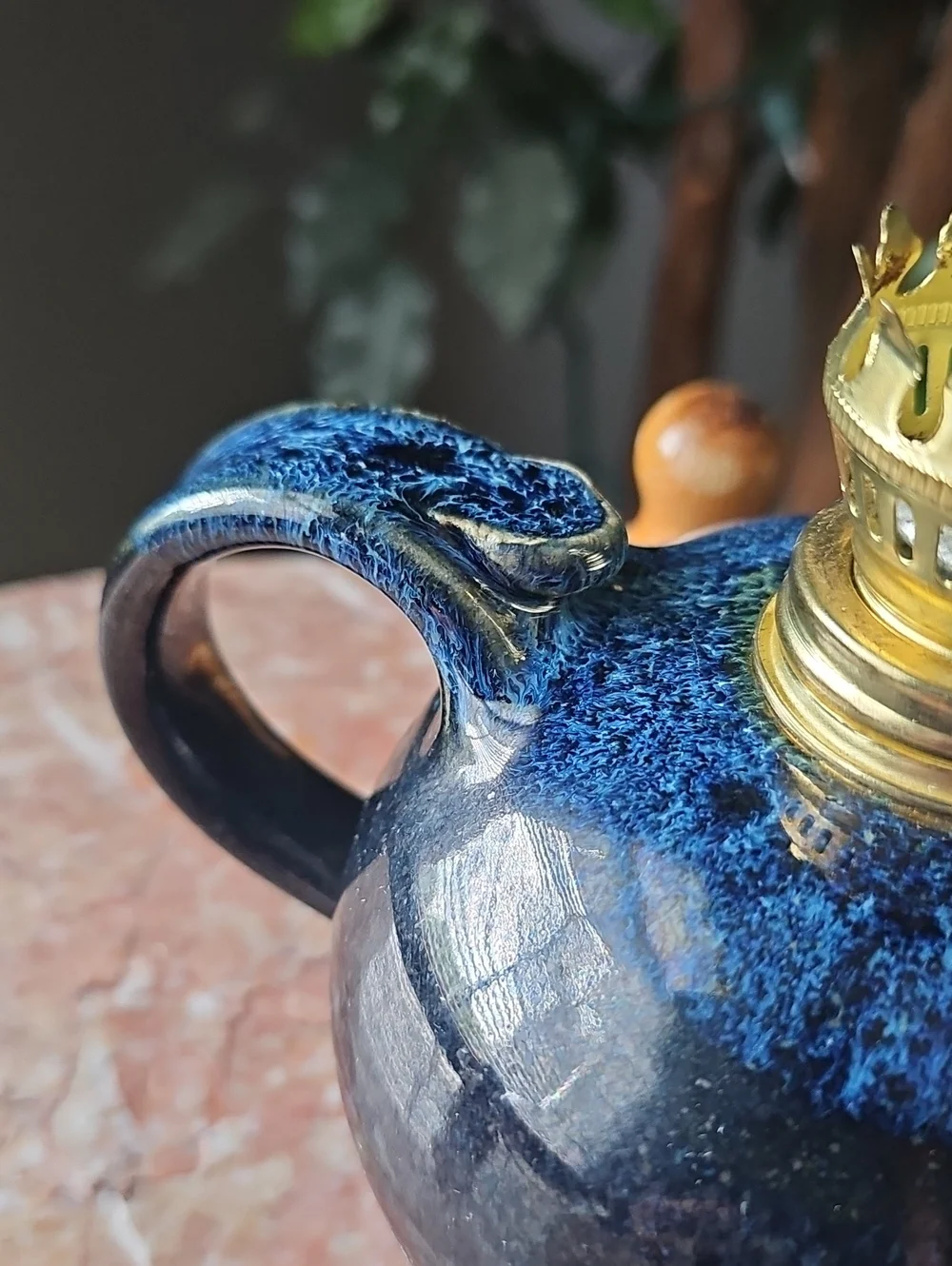 Vintage Blue Glazed Ceramic Oil Lamp with Glass Chimney